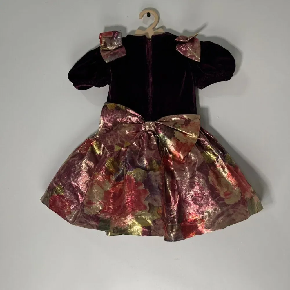 VTG Dorissa International Toddler Girls 4T Dress Burgundy Gold Bow Holiday